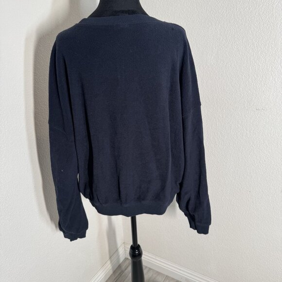 Aemi & Co Size L Frayed Colorblock Crew Neck Sweater Navy/Tan/White Cotton Blend - Picture 5 of 10